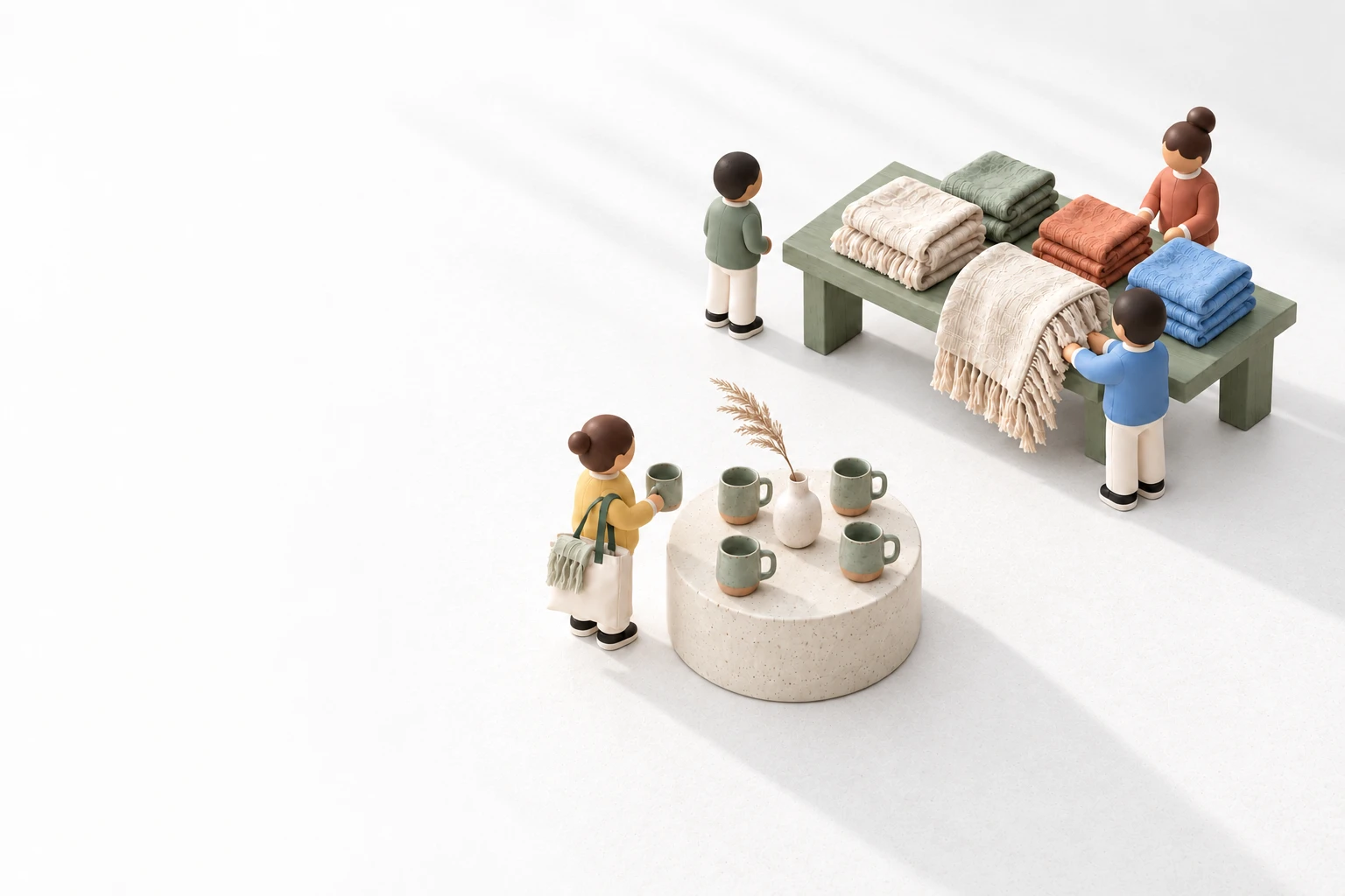 Shoppers in a demo store: one looks at the linen blankets, then walks to the stoneware mugs.